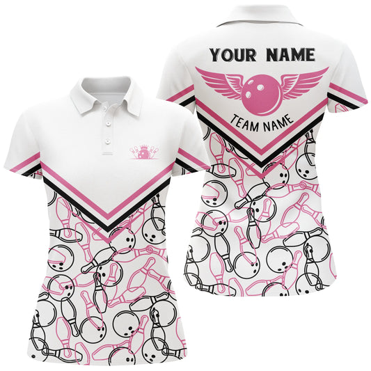 Personalisierte 3D-Bowlinghemden für Frauen, weiß-pinke Kurzarm-Bowling-Poloshirts für Mädchen NQS4706