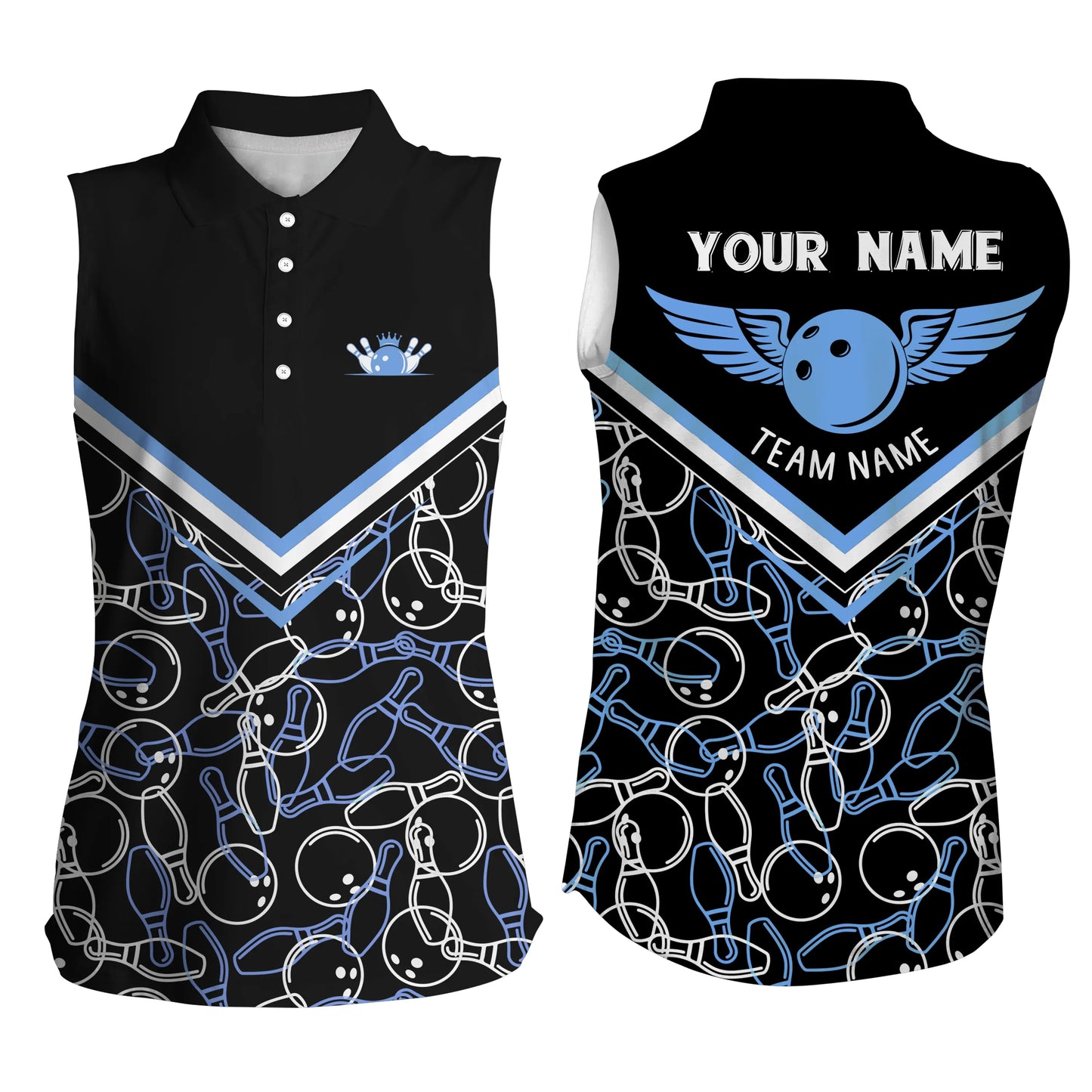 Personalisierte 3D-Bowlinghemden für Frauen, schwarz-blaue ärmellose Bowling-Poloshirts für Mädchen NQS4707