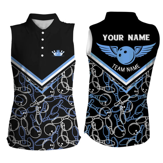 Personalisierte 3D-Bowlinghemden für Frauen, schwarz-blaue ärmellose Bowling-Poloshirts für Mädchen NQS4707