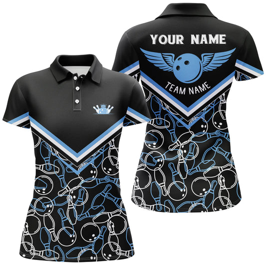 Personalisierte 3D-Bowlinghemden für Frauen, schwarz-blaue Kurzarm-Bowling-Poloshirts für Mädchen NQS4707