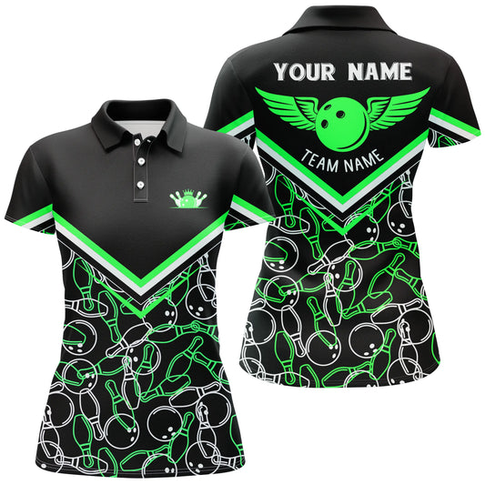 Personalisierte 3D-Bowlinghemden für Frauen, schwarz-grüne Kurzarm-Polo-Bowlinghemden für Mädchen NQS4708