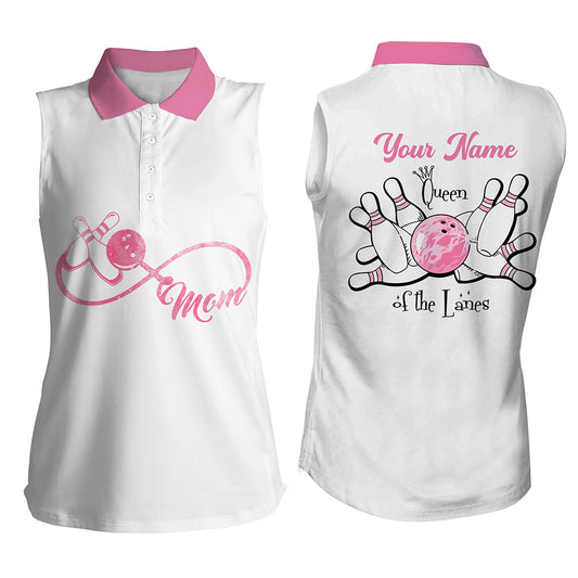 Ärmelloses Bowling-Poloshirt für Damen, personalisiertes Bowlinghemd für Mütter: "Queen of the Lanes", Bowling-Mutter NQS5184