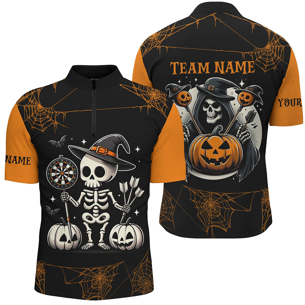 Individuelles Lustiges Skeleton Halloween Dart Herren Shirt mit Viertelreißverschluss, Halloween Dart Trikot TDM2473