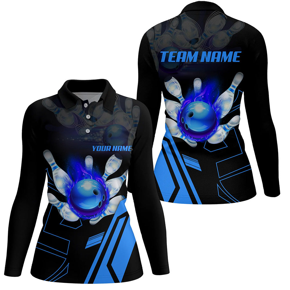 Schwarze Flammen-Bowlingkugel & Pins Trikots – Individuelle Team-Liga-Bowling-Poloshirts für Damen | Blau NQS6557