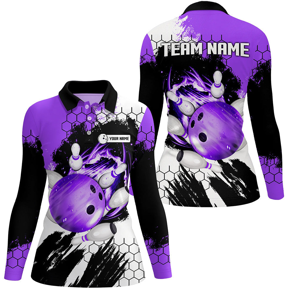 Lila Flammen-Bowlingkugel & Pins Trikots – Individuelle Team-Liga-Bowling-Poloshirts für Damen NQS6578