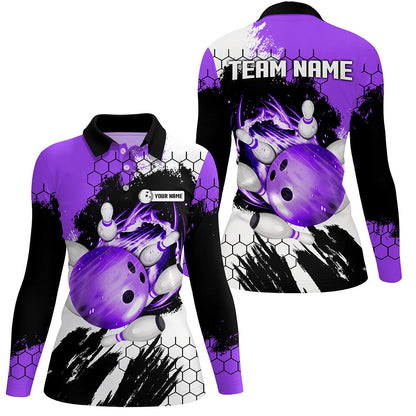 Lila Flammen-Bowlingkugel & Pins Trikots – Individuelle Team-Liga-Bowling-Poloshirts für Damen NQS6578