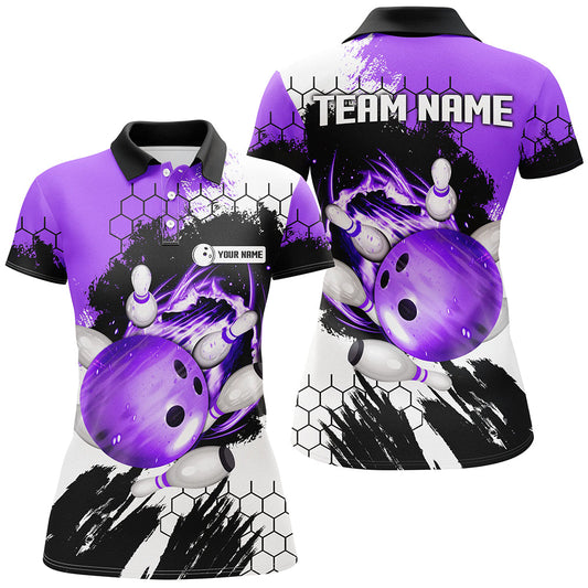 Lila Flammen-Bowlingkugel & Pins Trikots – Individuelle Team-Liga-Bowling-Poloshirts für Damen NQS6578