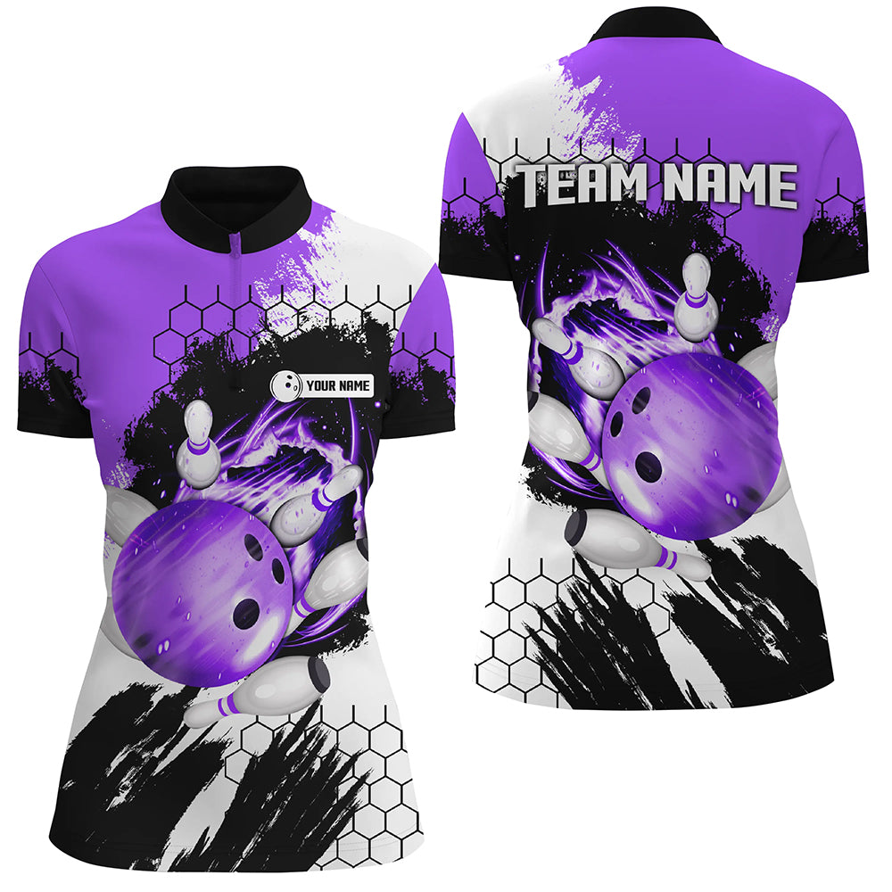 Lila Flammen-Bowlingkugel & Pins Trikots – Individuelle Team-Liga-Bowling-Quarter-Zip-Shirts für Damen NQS6578
