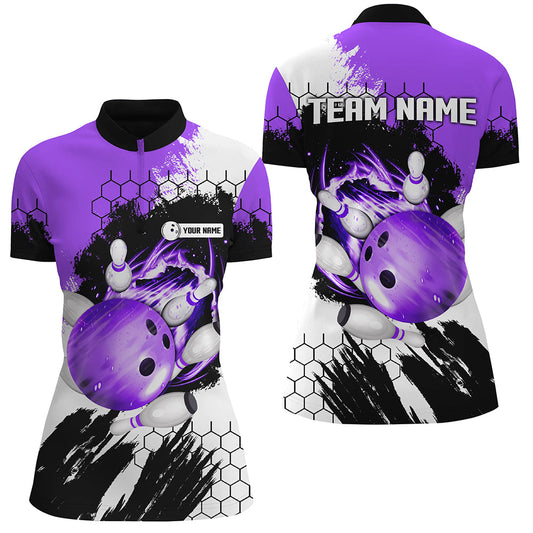 Lila Flammen-Bowlingkugel & Pins Trikots – Individuelle Team-Liga-Bowling-Quarter-Zip-Shirts für Damen NQS6578