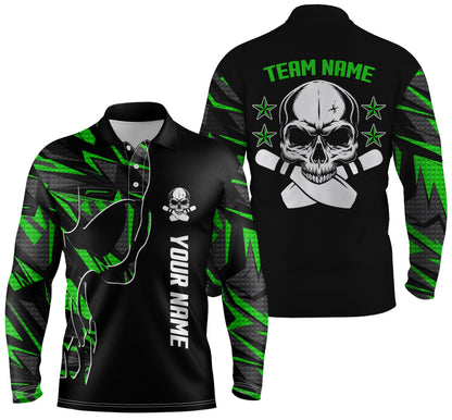 Bowling-Poloshirts für Männer, personalisierter Name und Teamname, Schädel-Bowling, Team-Bowlinghemden | Grün NQS4553
