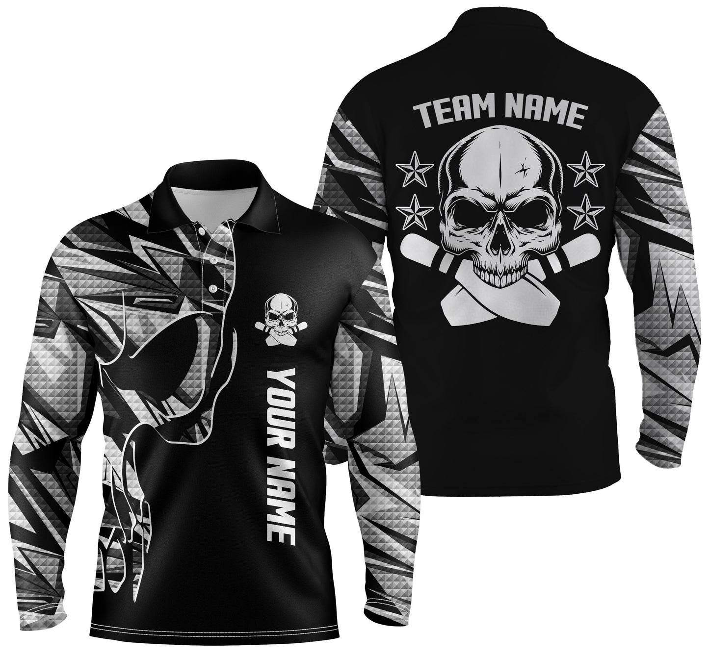 Bowling-Poloshirts für Männer, personalisierter Name und Teamname, Schädel-Bowling, Team-Bowlinghemden | Weiß NQS4553