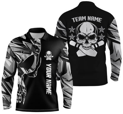 Bowling-Poloshirts für Männer, personalisierter Name und Teamname, Schädel-Bowling, Team-Bowlinghemden | Weiß NQS4553