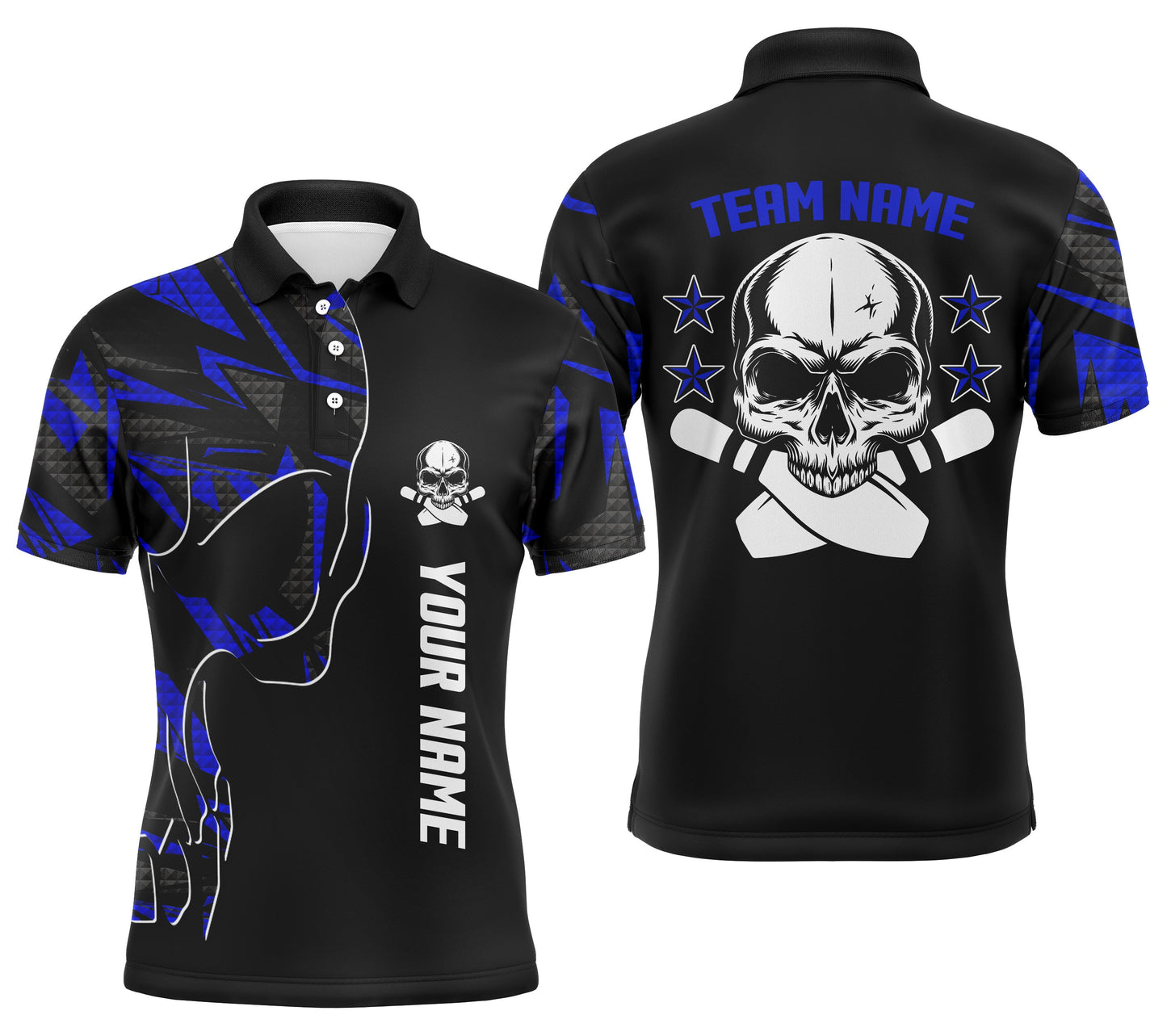 Bowling-Poloshirts für Männer, personalisierter Name und Teamname, Schädel-Bowling, Team-Bowlinghemden | Blau NQS4553