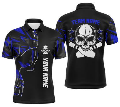 Bowling-Poloshirts für Männer, personalisierter Name und Teamname, Schädel-Bowling, Team-Bowlinghemden | Blau NQS4553