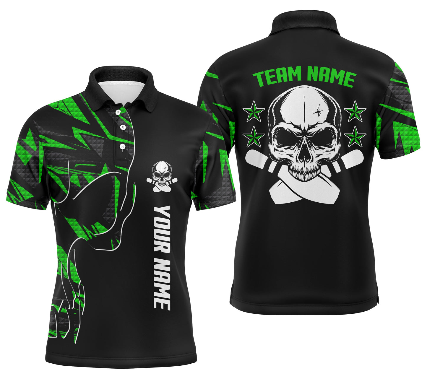 Bowling-Poloshirts für Männer, personalisierter Name und Teamname, Schädel-Bowling, Team-Bowlinghemden | Grün NQS4553
