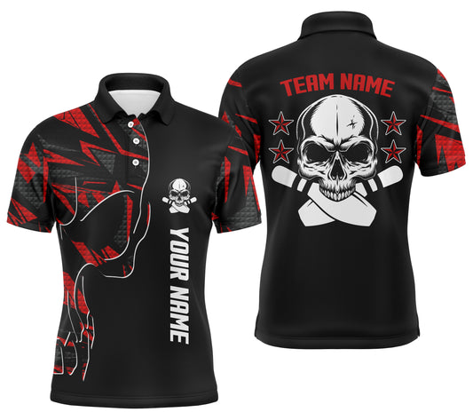 Bowling-Poloshirts für Männer, personalisierter Name und Teamname, Schädel-Bowling, Team-Bowlinghemden | Rot NQS4553