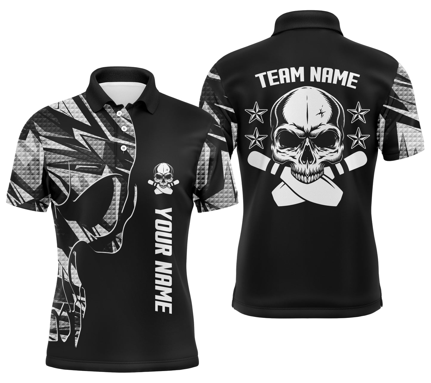 Bowling-Poloshirts für Männer, personalisierter Name und Teamname, Schädel-Bowling, Team-Bowlinghemden | Weiß NQS4553