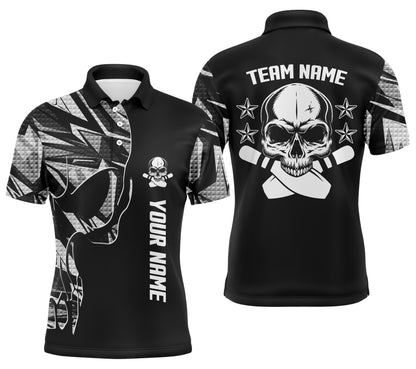 Bowling-Poloshirts für Männer, personalisierter Name und Teamname, Schädel-Bowling, Team-Bowlinghemden | Weiß NQS4553
