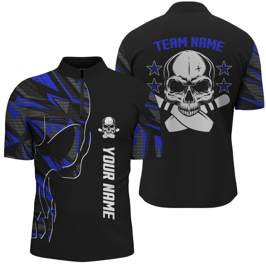 Bowling-Hemden mit Viertelreißverschluss für Männer, personalisierter Name und Teamname, Schädel-Bowling, Team-Bowlinghemden | Blau NQS4553