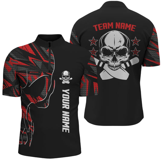 Bowling-Hemd mit Viertelreißverschluss für Männer, personalisierter Name und Teamname, Schädel-Bowling, Team-Bowlinghemden | Rot NQS4553