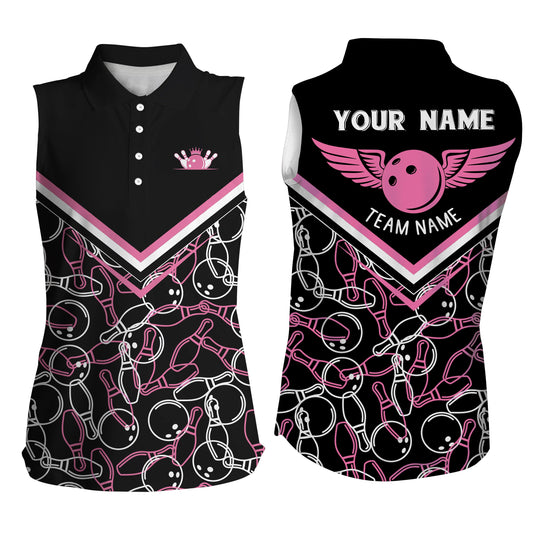 Personalisierte 3D-Bowlinghemden für Damen, maßgeschneiderte pinkfarbene ärmellose Polo-Bowlinghemden für Mädchen NQS4555