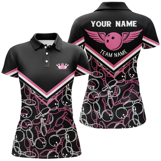Personalisierte 3D-Bowlinghemden für Damen, maßgeschneiderte pinkfarbene Kurzarm-Polo-Bowlinghemden für Mädchen NQS4555