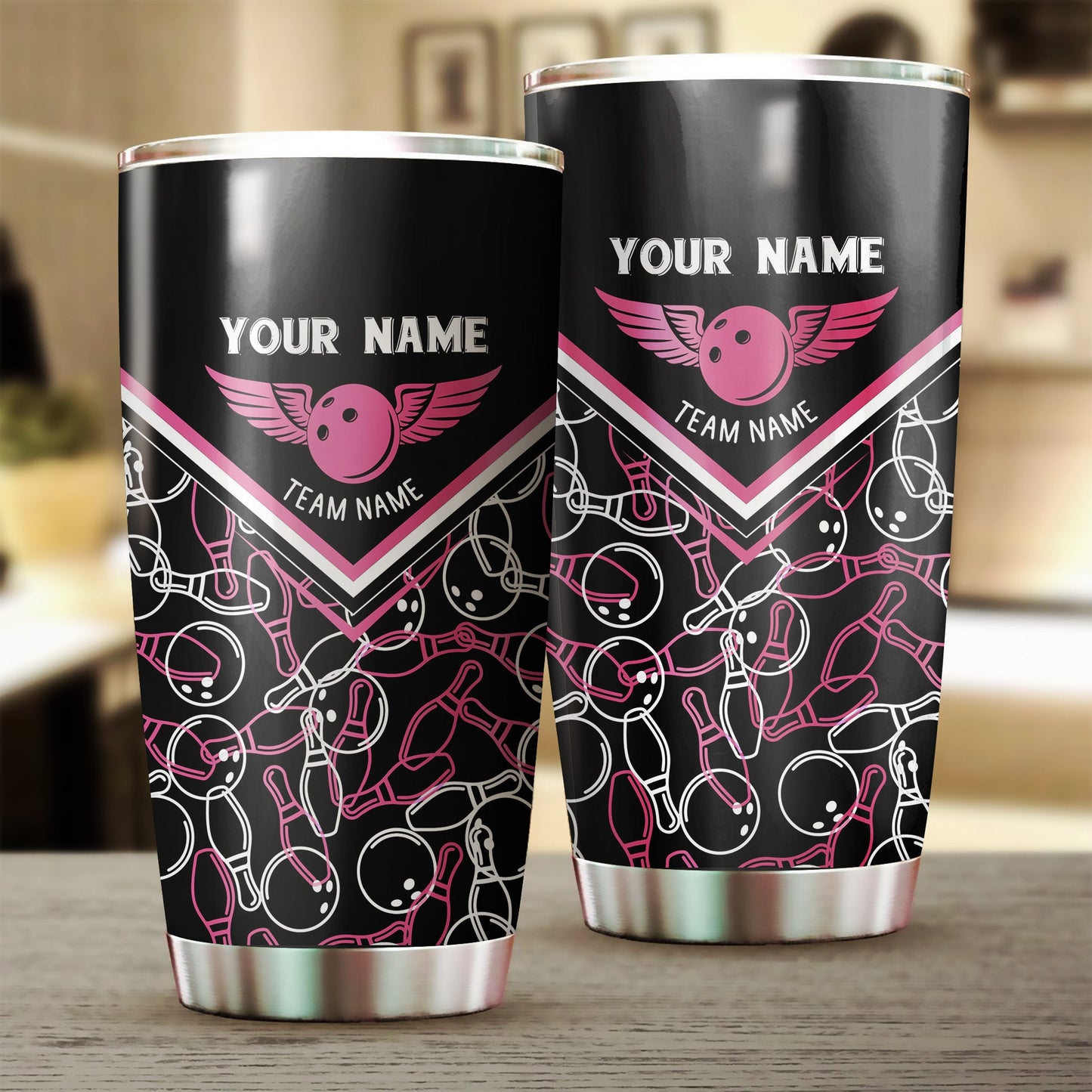 1 Stück schwarze Bowlingkugel und Pins, personalisierte Tumbler-Tasse mit Teamname, personalisiertes Bowling-Getränkegeschirr NQS5229