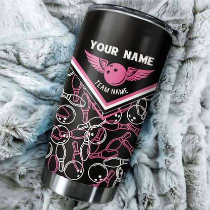 1 Stück schwarze Bowlingkugel und Pins, personalisierte Tumbler-Tasse mit Teamname, personalisiertes Bowling-Getränkegeschirr NQS5229