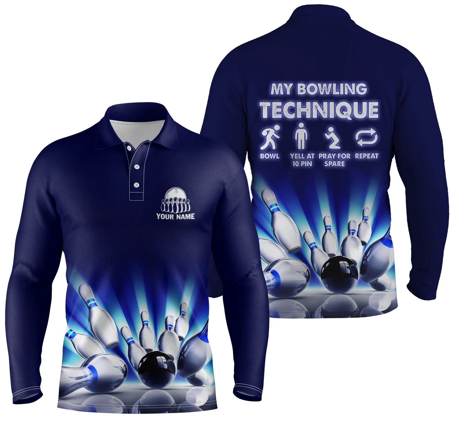 "My Bowling Technique" personalisierte lustige Bowling-Poloshirts für Männer, personalisierte Team-Bowlingtrikots NQS4674