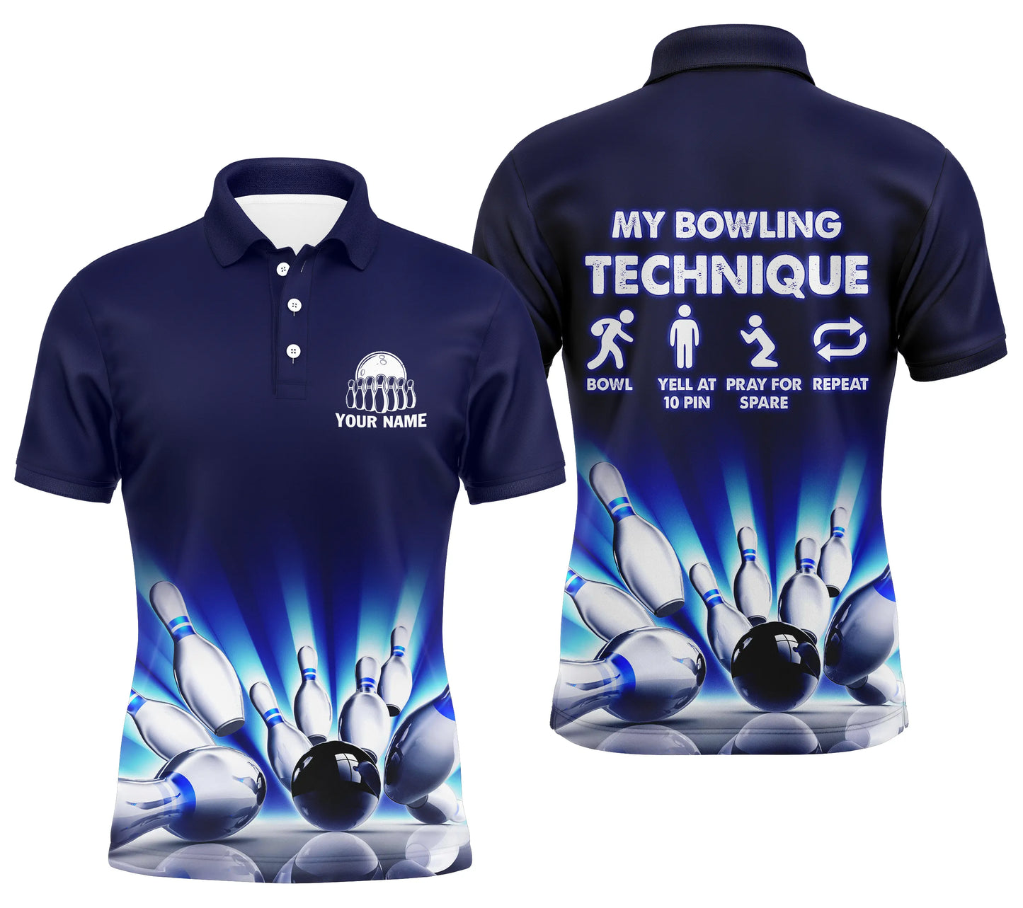 "My Bowling Technique" personalisierte lustige Bowling-Poloshirts für Männer, personalisierte Team-Bowlingtrikots NQS4674