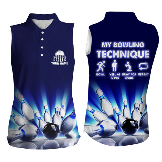 "My Bowling Technique" personalisierte lustige ärmellose Bowling-Poloshirts für Damen, personalisierte Bowlingtrikots NQS4674