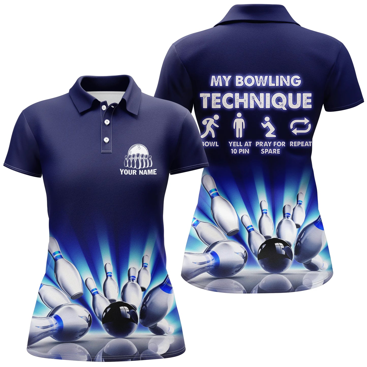 "My Bowling Technique" personalisierte lustige Bowling-Poloshirts für Damen, personalisierte Bowlingtrikots NQS4674