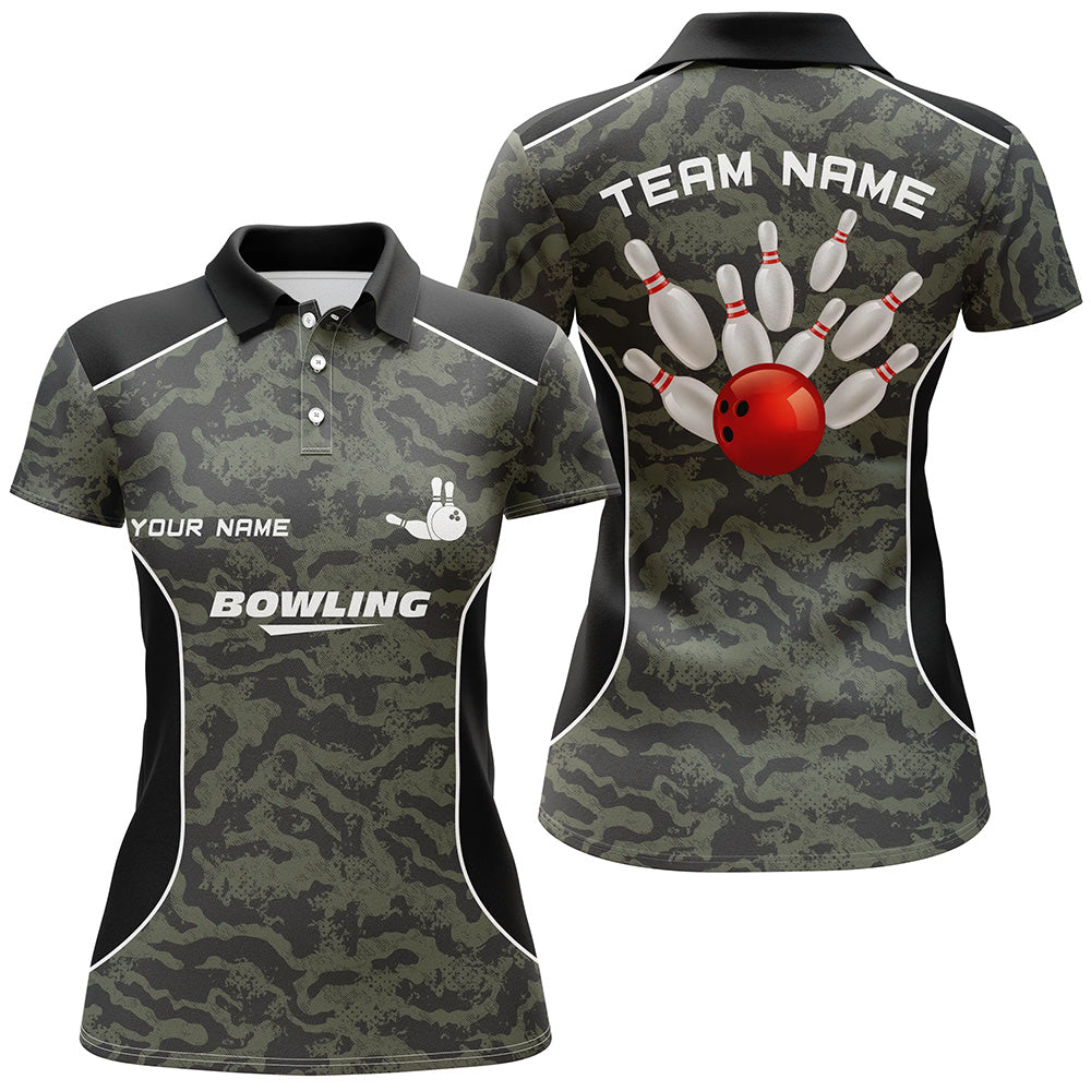 Damen-Bowling-Poloshirts, personalisierte Bowlingkugel und Pins, Camo-Bowling-Teamtrikot für Damen NQS5248