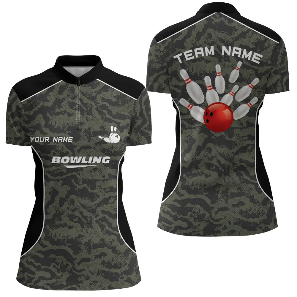 Damen-Bowlinghemden mit Viertelreißverschluss, personalisierte Bowlingkugel und Pins, Camo-Bowling-Teamtrikot für Damen NQS5248