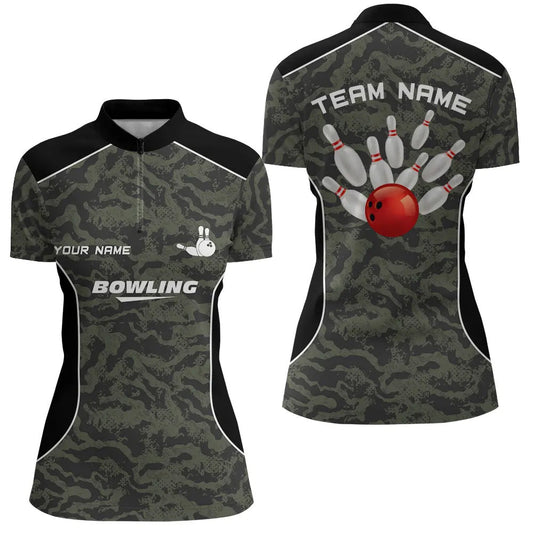 Damen-Bowlinghemden mit Viertelreißverschluss, personalisierte Bowlingkugel und Pins, Camo-Bowling-Teamtrikot für Damen NQS5248
