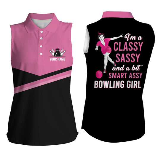 Personalisierte pinkfarbene ärmellose Bowling-Poloshirts: "I'm a classy sassy and a bit smart assy bowling girl" NQS4677