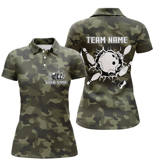 Kurzarm-Bowling-Poloshirts für Damen, personalisierte Bowlingkugel und Pins, grünes Camo-Bowling-Teamtrikot NQS5261