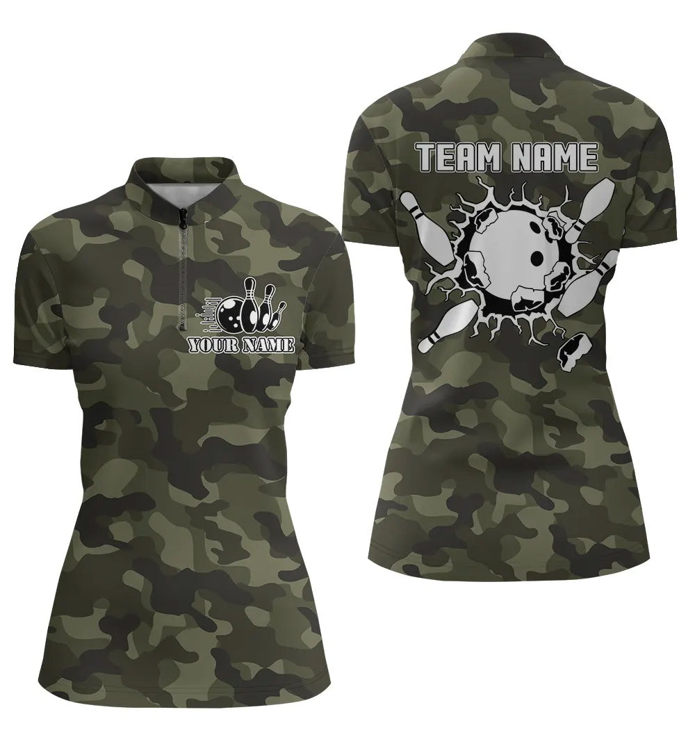 Damen-Bowlinghemden mit Viertelreißverschluss, personalisierte Bowlingkugel und Pins, grünes Camo-Bowling-Teamtrikot NQS5261
