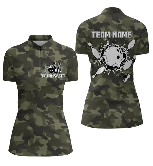 Damen-Bowlinghemden mit Viertelreißverschluss, personalisierte Bowlingkugel und Pins, grünes Camo-Bowling-Teamtrikot NQS5261
