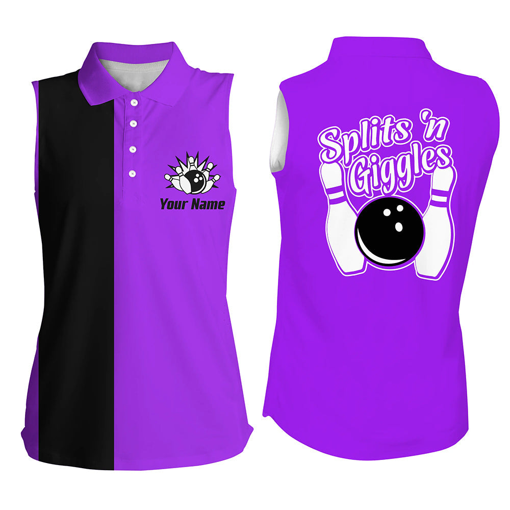 Splits 'n Giggles Ärmelloses Bowling-Poloshirt für Damen – Personalisierte lila Retro-Bowling-Trikots NQS8489