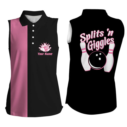 Splits 'n Giggles“ Ärmelloses Bowling-Poloshirt für Damen – Personalisierte Retro-Pink-Bowling-Trikots NQS5967