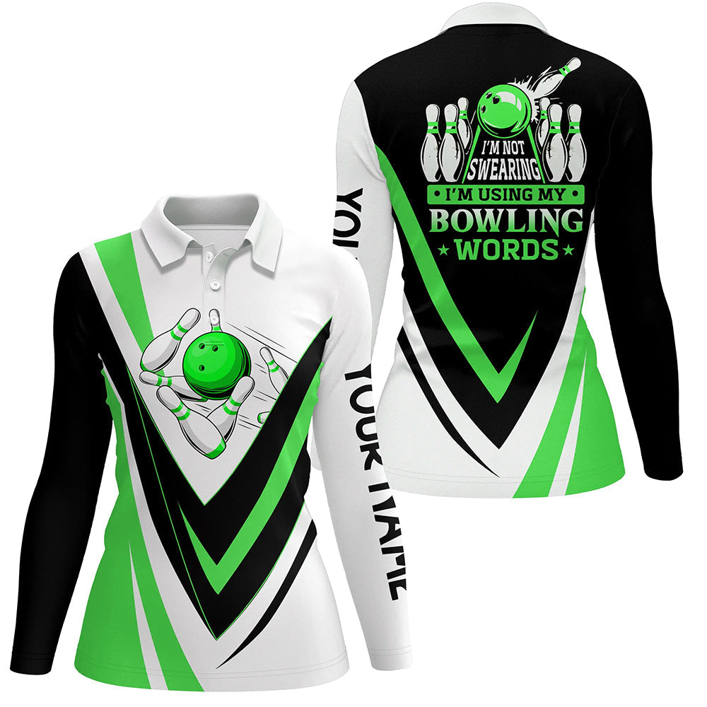 Individuelle Bowling-Poloshirts für Damen – „I'm not swearing, I'm using my bowling words“ Grüne Bowl-Shirts NQS6632