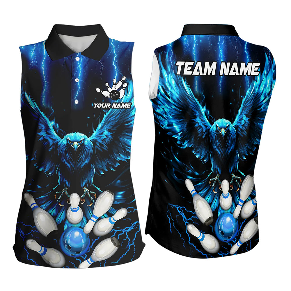 Benutzerdefiniertes blaues Blitz-Donner-Adler Damen-Ärmelloses Poloshirt, Bowling-Team-Trikot-Outfits NQS9577