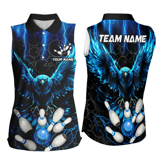 Individuelles Damen-Ärmelloses Poloshirt mit Blauem Blitz-Donner-Adler-Design – Schwarzes Bowling-Camo-Teamtrikot NQS9578
