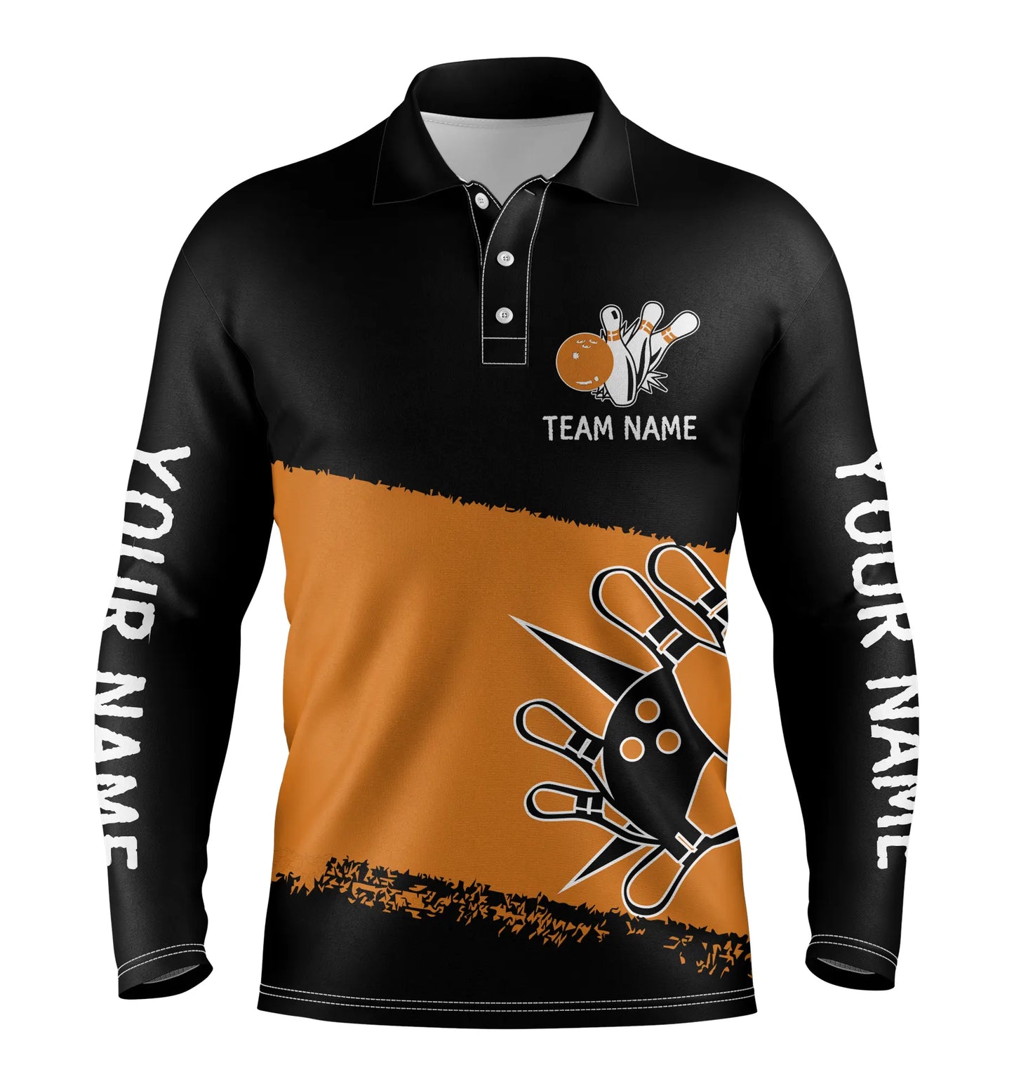 Schwarz-orange Bowlingkugeln und Pins, personalisierte Team-Bowling-Poloshirts für Männer, Team-Bowlingtrikots NQS4769