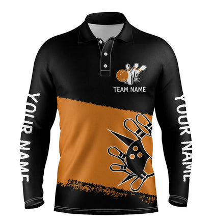 Schwarz-orange Bowlingkugeln und Pins, personalisierte Team-Bowling-Poloshirts für Männer, Team-Bowlingtrikots NQS4769