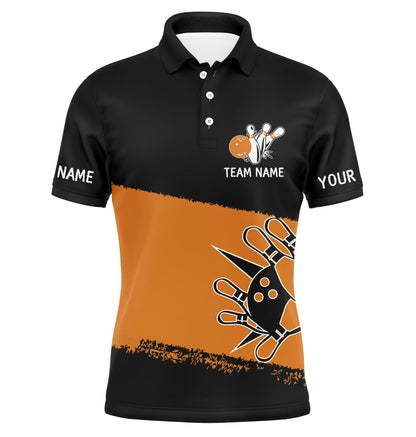 Schwarz-orange Bowlingkugeln und Pins, personalisierte Team-Bowling-Poloshirts für Männer, Team-Bowlingtrikots NQS4769