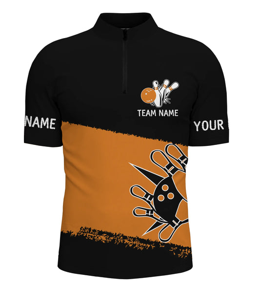 Schwarz-orange Bowlingkugeln und Pins, personalisierte Team-Bowlinghemden mit Viertelreißverschluss für Männer, Team-Bowlingtrikots NQS4769