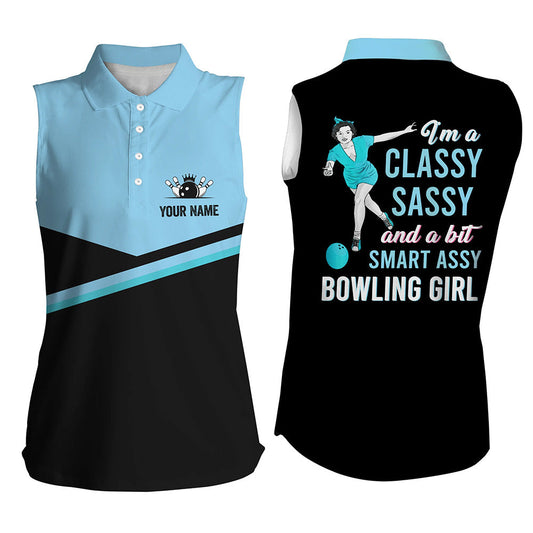 Personalisierte schwarz-blaue ärmellose Bowling-Poloshirts: "I'm a classy sassy and a bit smart assy bowling girl" NQS5303