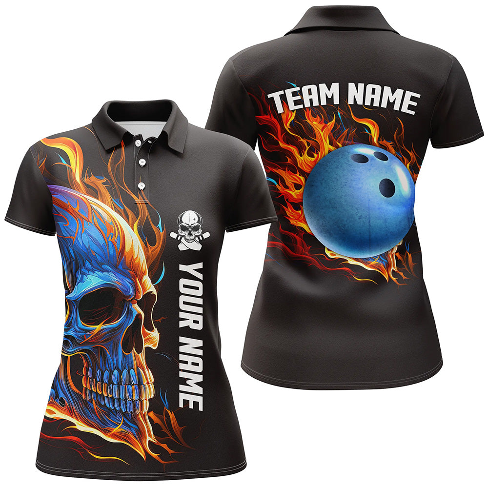 Schädel in Flammen Bowling-Poloshirts für Damen – Individuelles Team Schädel-Bowling-Trikots NQS6197